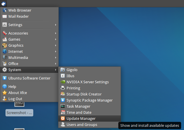Finding the Update Manager in the Applications Menu