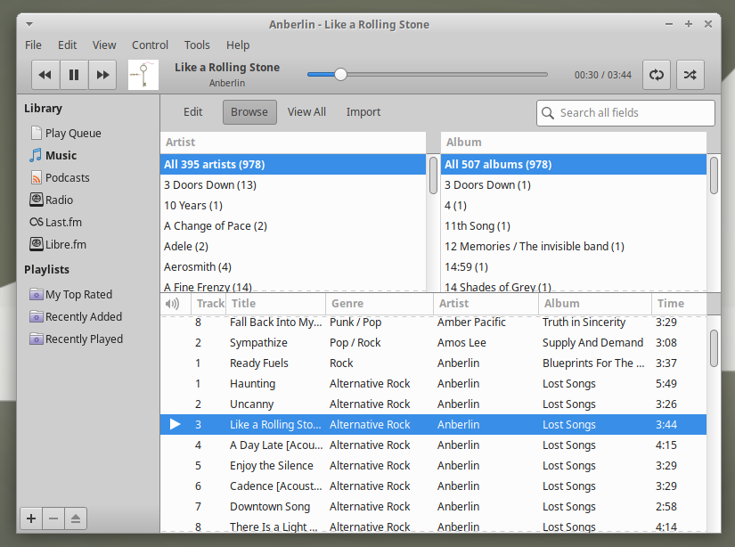 Rhythmbox 3.4.4 in Xubuntu 21.10 with the Alternative Toolbar layout