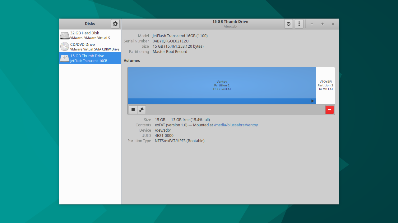 GNOME Disks showing the disk partition table for a thumb drive.