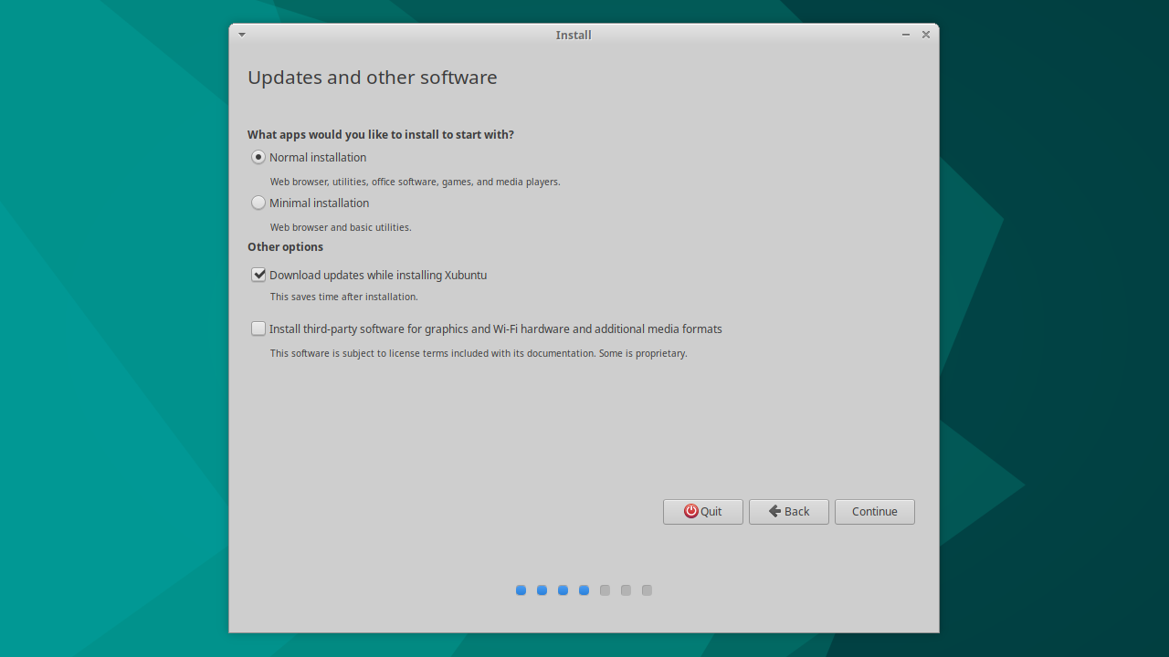 Xubuntu installer showing installation options.
