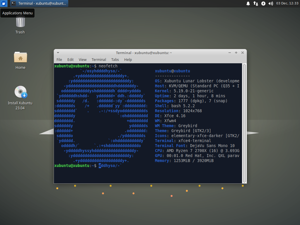 The Xubuntu 23.04 desktop is displayed. The Xfce Terminal shows the output from neofetch. The Whisker Menu is highlighted with its "Applications Menu" tooltip displayed.