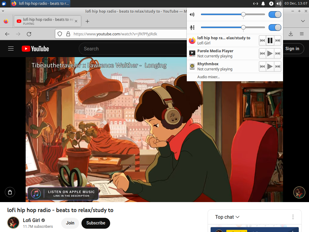 The Firefox web browser is open and playing "lofi hip hop radio - beats to relax/study to" on YouTube. The Xfce PulseAudio Plugin is displayed on top showing volume levels and playback controls.