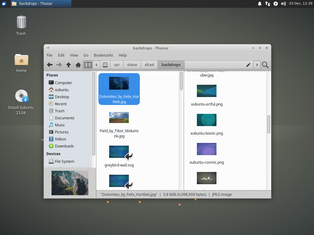 The Xubuntu 23.04 desktop is displayed. The Thunar File Manager is displayed demonstrating the new Split View functionality and image preview sidepane, just below the bookmarks sidebar.